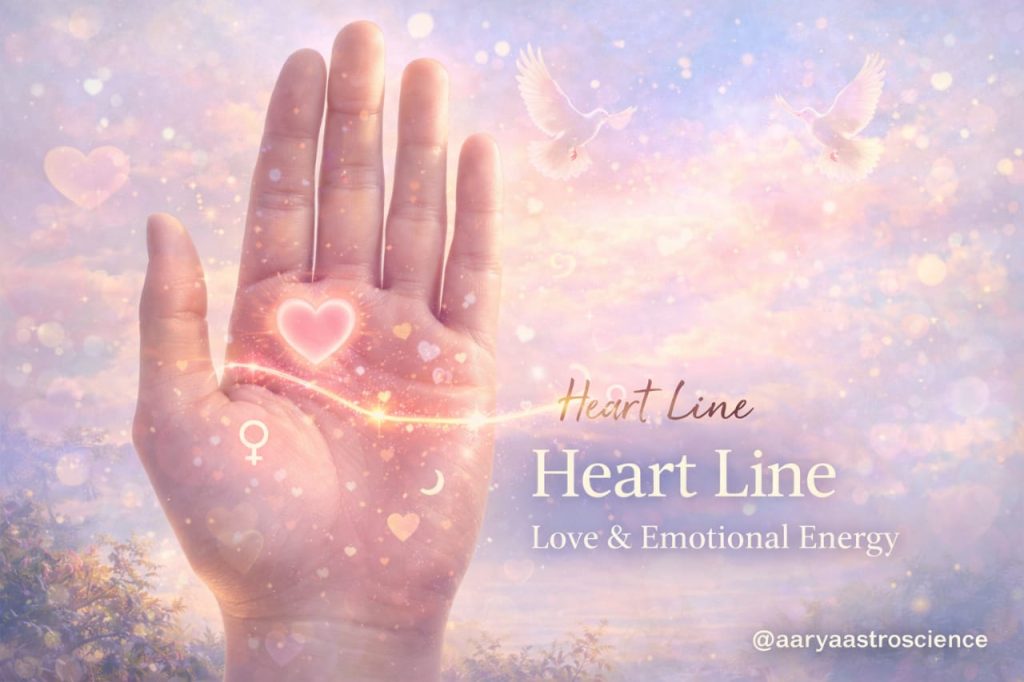 Detailed labeled diagram of a palm showing the exact location of the Heart Line in palmistry, with arrows pointing to its start and end points.