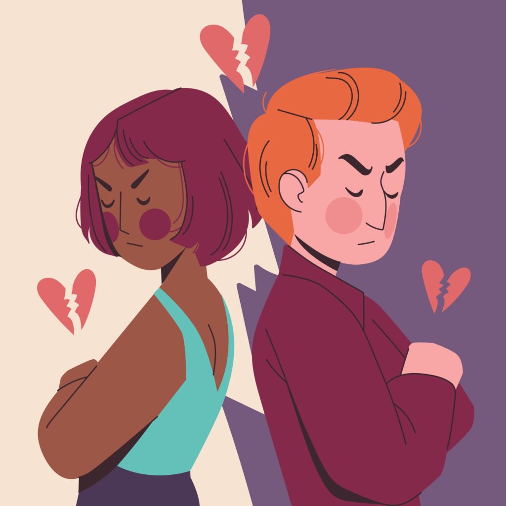 Numerology chart showing potentially difficult relationship pairings: Life Path 1 vs 2 (dominance), 4 vs 5 (stability vs freedom), 7 vs 3 (solitude vs social).