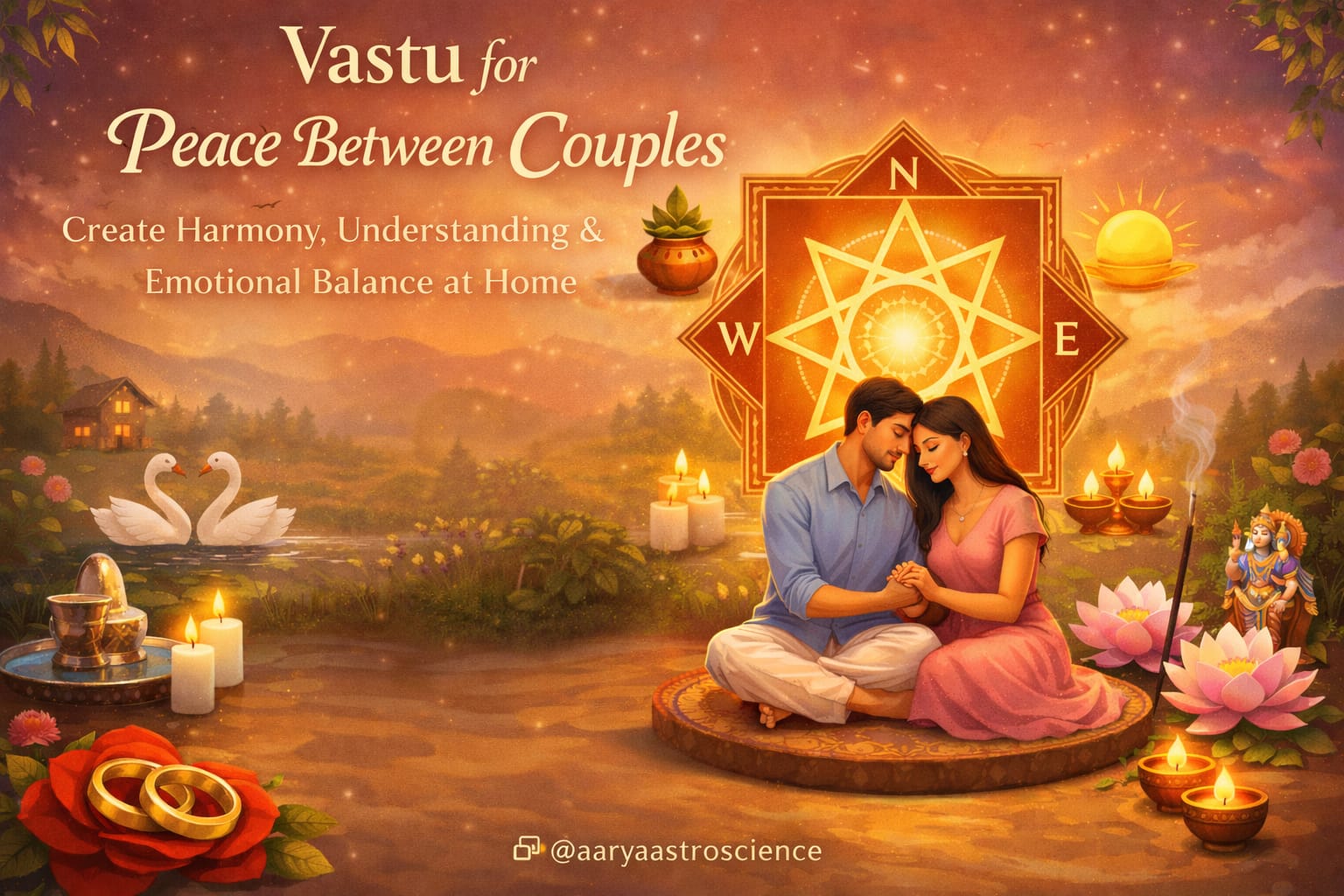 Vastu floor plan highlighting 4 critical zones for couple harmony: Southwest (stability), Northeast (positive energy), Bedroom (intimacy), and Kitchen (nourishment).