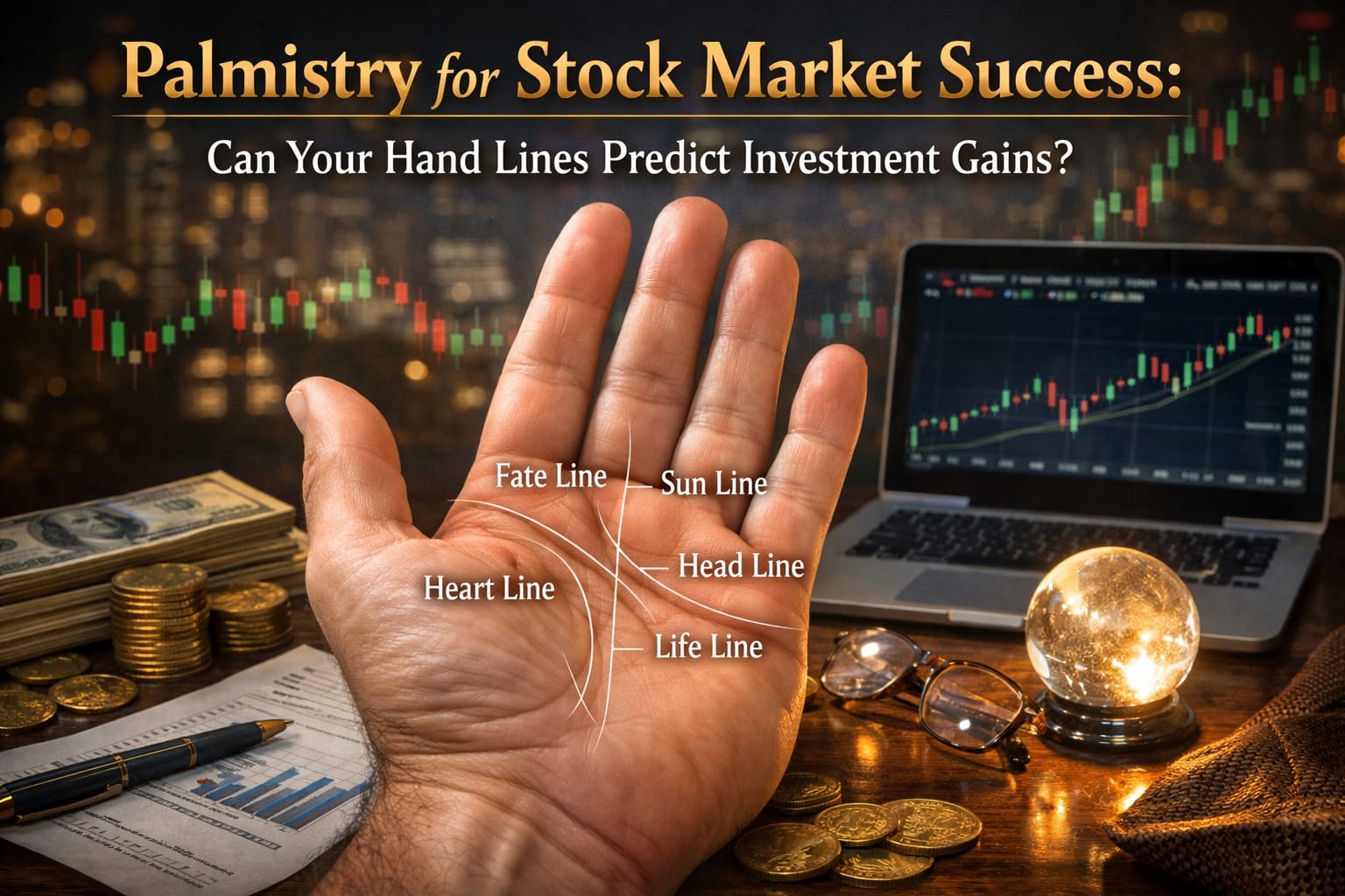 Palmistry signs for stock market success and investment gains showing money line and financial indicators by Aarya Astro Science